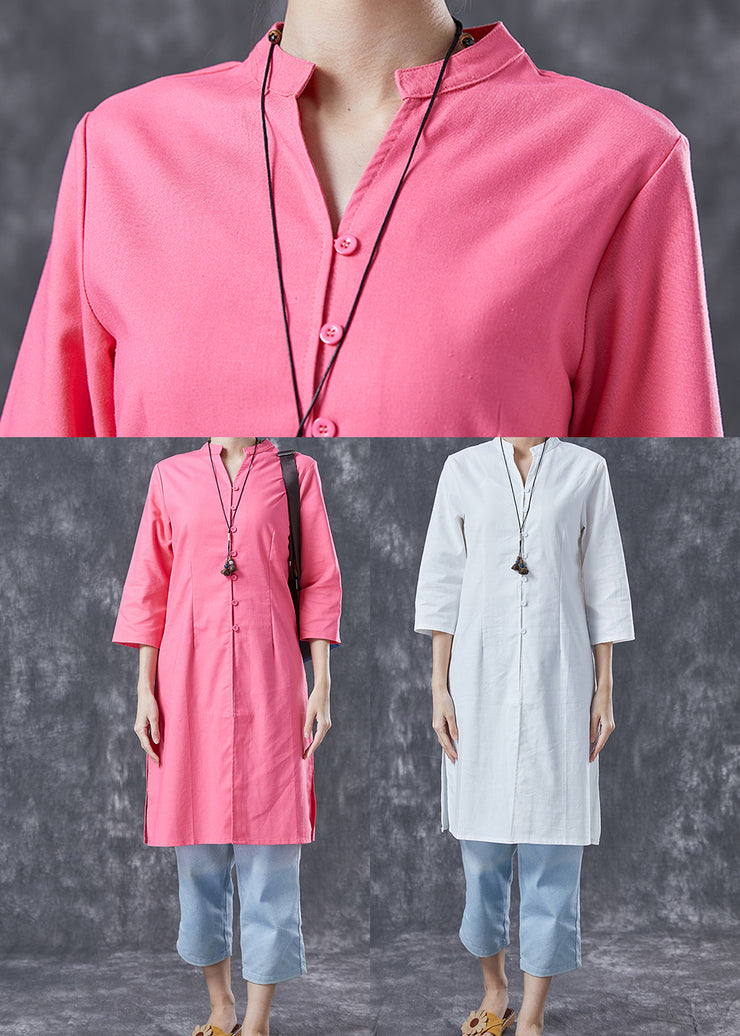 Casual Pink V Neck Button Cotton Shirt Dresses Bracelet Sleeve