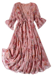 Casual Pink V Neck Print Tie Waist Silk Long Dresses Spring
