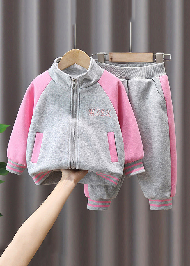 Casual Pink Zip Up Elastic Waist Cotton Girls Two Pieces Set Long Sleeve
