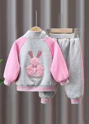 Casual Pink Zip Up Elastic Waist Cotton Girls Two Pieces Set Long Sleeve