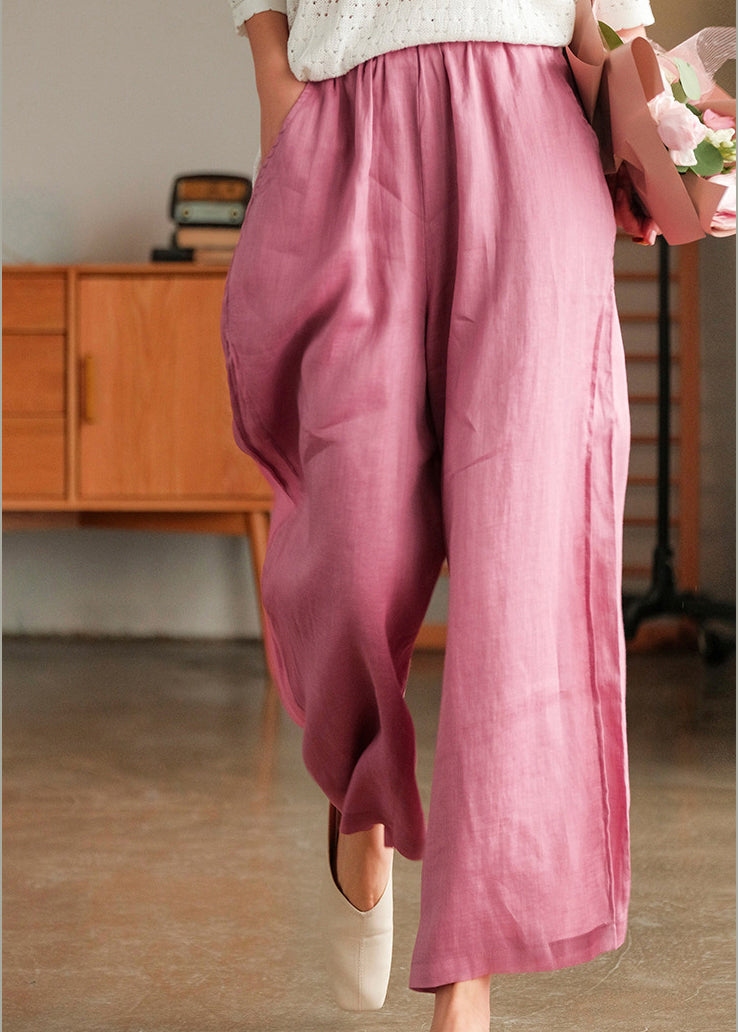 Lässige rosafarbene elastische Taille Taschen Leinenhose mit weitem Bein Frühling