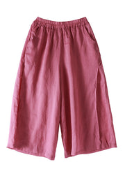 Casual Pink elastic waist Pockets Linen wide leg Pants Spring