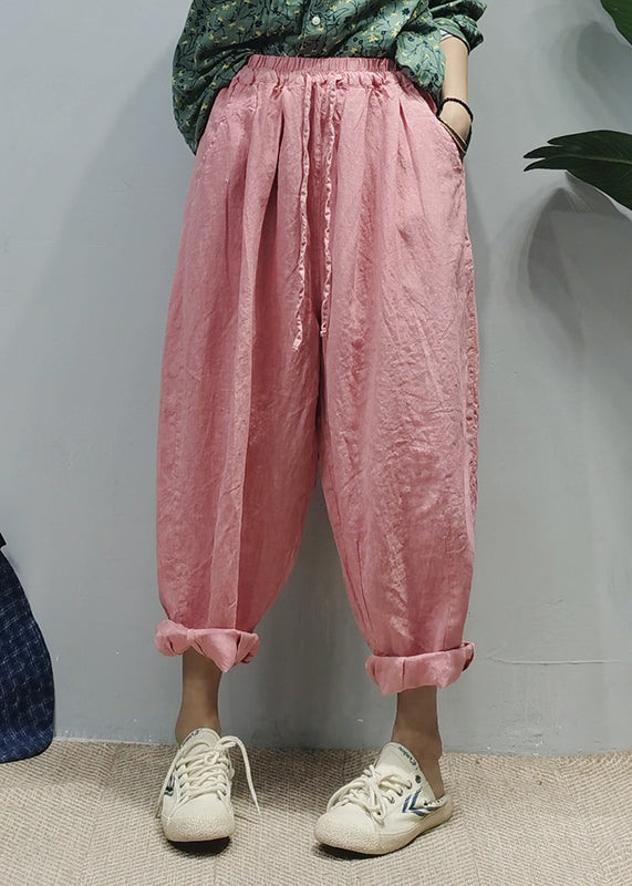 Casual Pink elastic waist drawstring Pockets Linen harem pants Spring