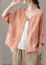 Casual Pink wrinkled Button Linen Shirts Bracelet Sleeve