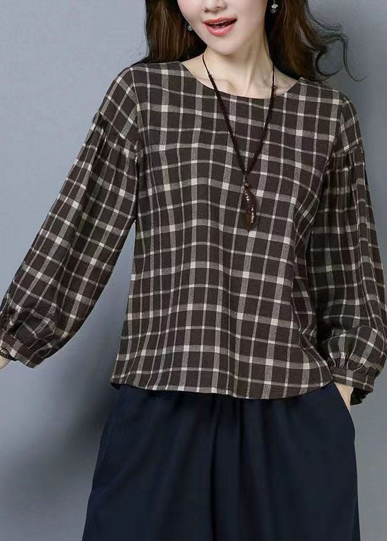 Casual Plaid O Neck Patchwork Cotton T Shirts Tops Long Sleeve