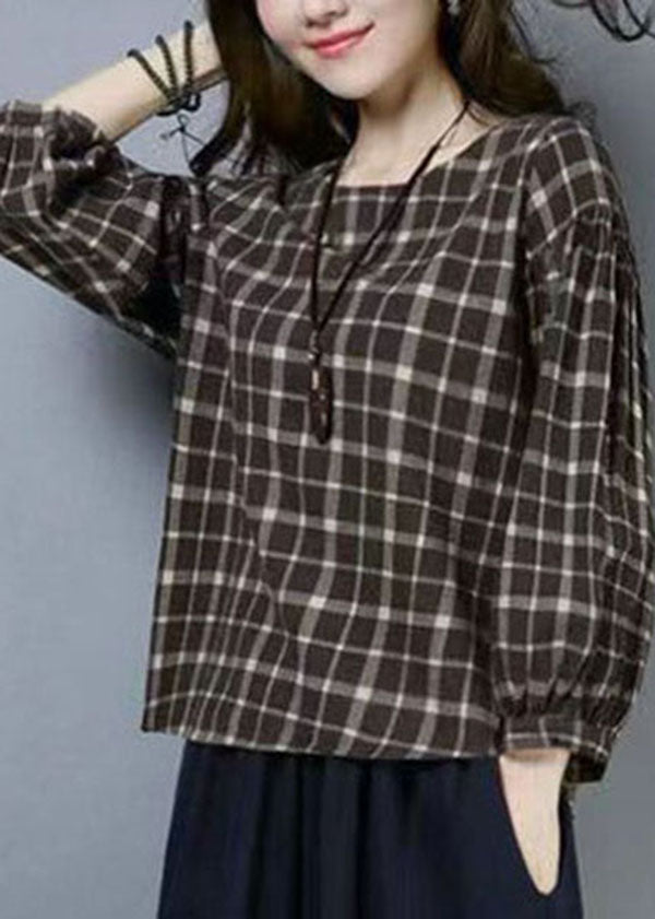 Casual Plaid O Neck Patchwork Cotton T Shirts Tops Long Sleeve