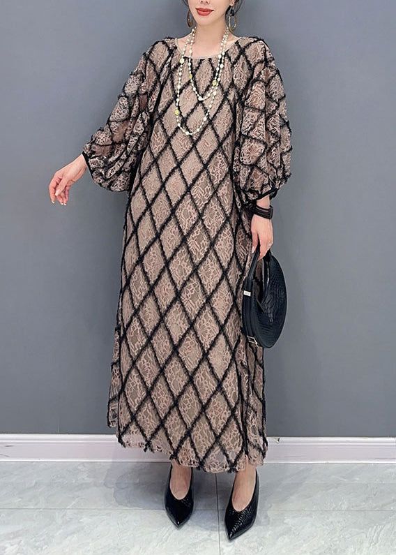 Casual Plaid O Neck Patchwork Tulle Long Dress Fall