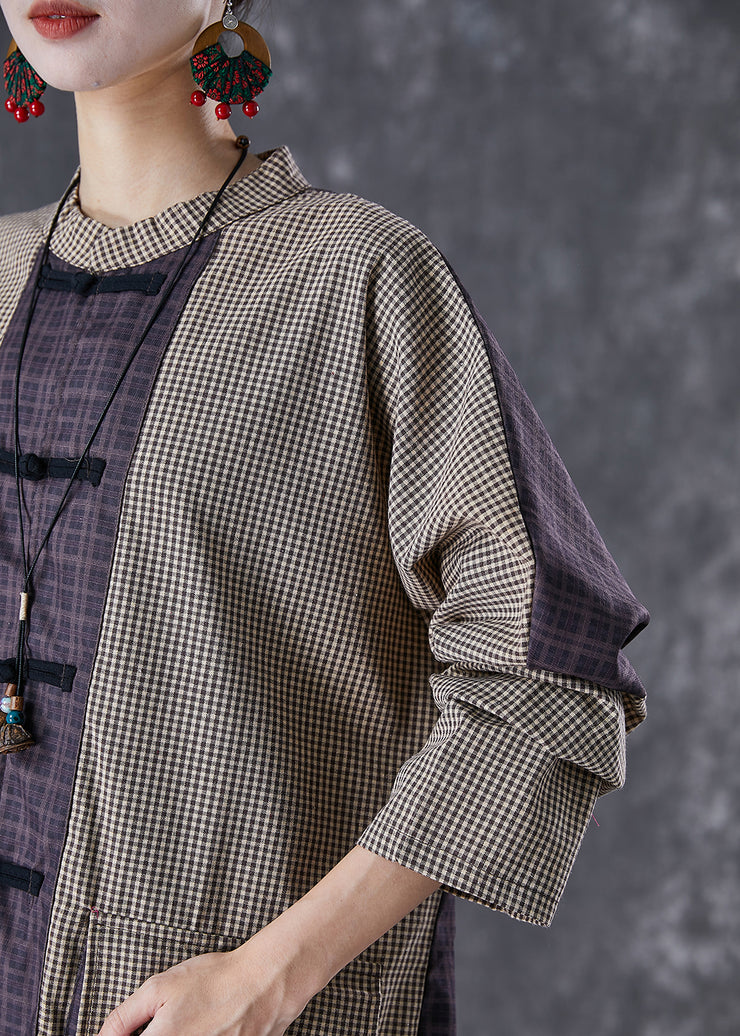 Casual Plaid Patchwork Pockets Cotton Long Blouses Fall