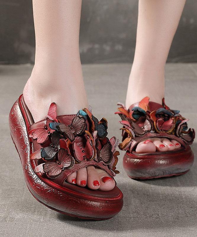 Casual Platform Red Cowhide Leather Peep Toe Slide Sandals - SooLinen