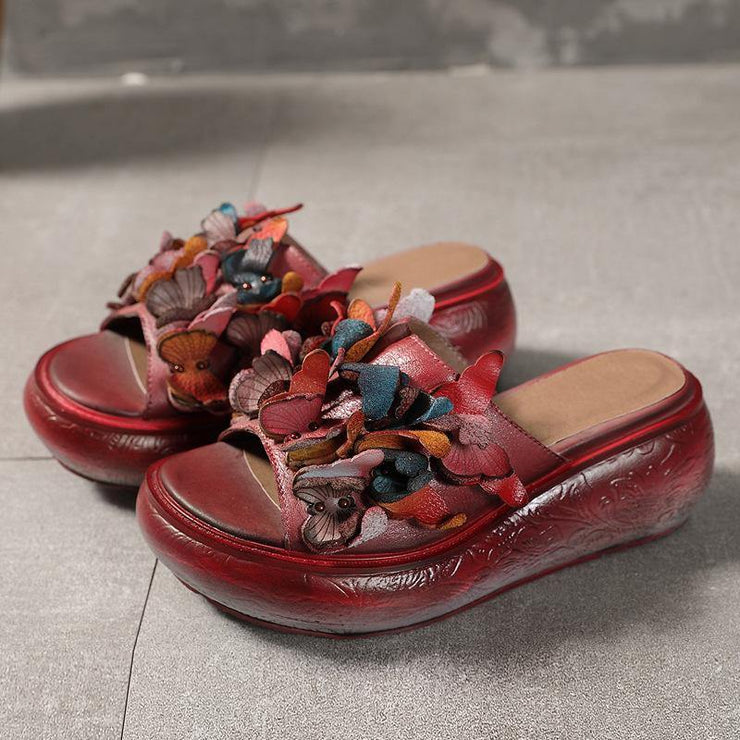 Casual Platform Red Cowhide Leather Peep Toe Slide Sandals - SooLinen