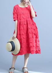 Casual Pleated Loose Unique cotton outfit red Short Sleeve Summer Dress - SooLinen