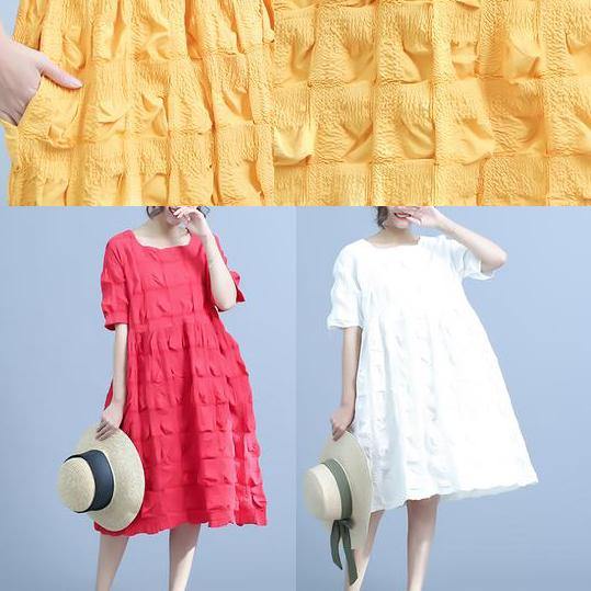 Casual Pleated Loose Unique cotton outfit red Short Sleeve Summer Dress - SooLinen