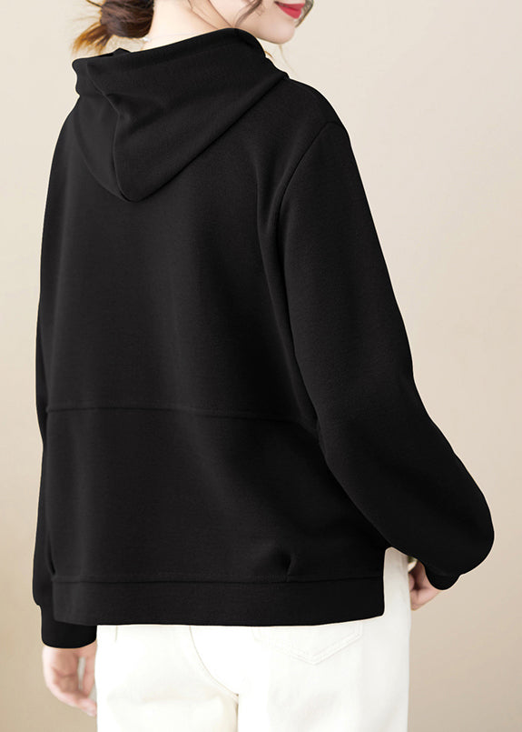 Casual Plus Size Black Hooded Cotton Pullover Streetwear Fall