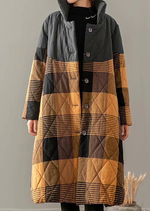 Casual Plus Size Winter Overcoat Yellow Plaid Stand Collar Button Down coats - SooLinen