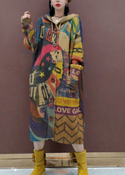 Casual Print Button Maxi Knitted Cotton Thread Hooded Sweater Coat Fall
