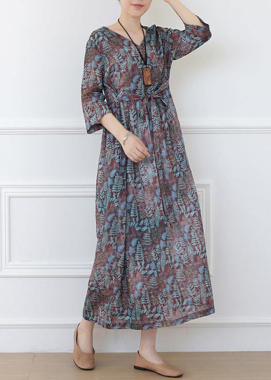 Casual Print Linen Dress V Neck Half Sleeve Spring Dress - SooLinen
