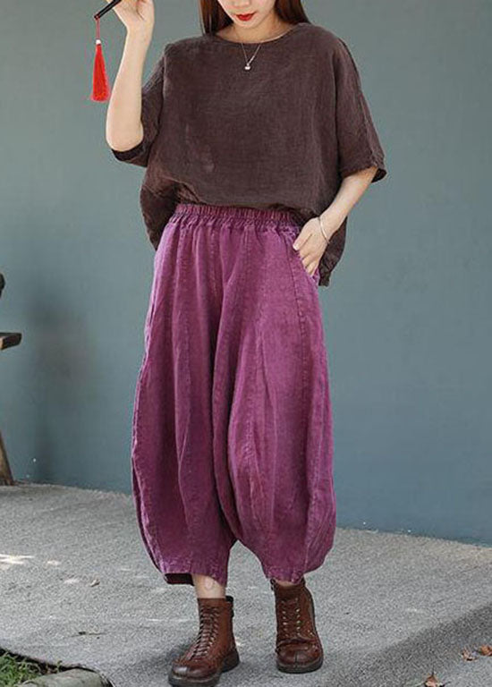 Casual Purple Elastic Waist Pockets Patchwork Cotton Lantern Pants Summer