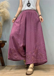 Casual Purple Embroidered Elastic Waist Linen Silk Wide Leg Pants Summer