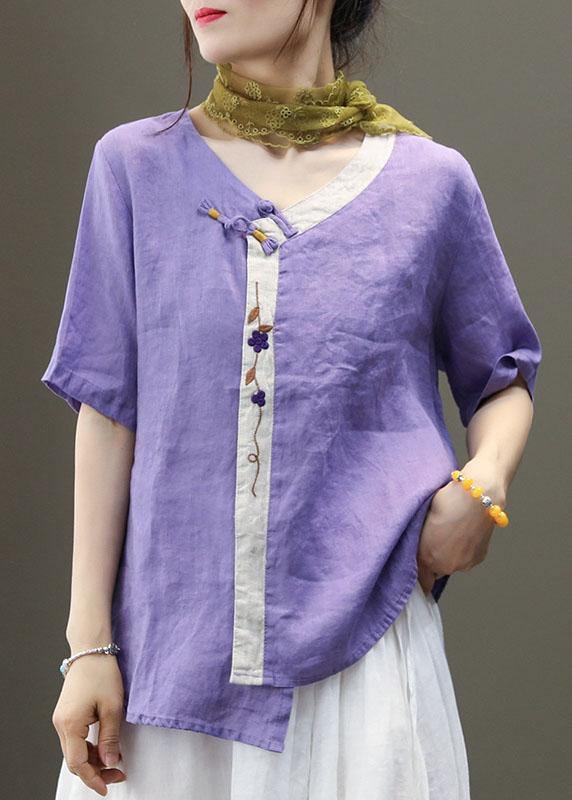 Casual Purple Embroideried Asymmetrical Design Patchwork Summer Linen Blouse Top Short Sleeve - SooLinen
