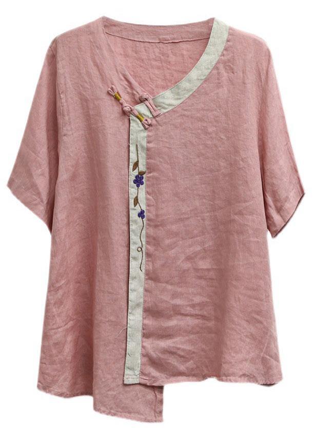 Casual Purple Embroideried Asymmetrical Design Patchwork Summer Linen Blouse Top Short Sleeve - SooLinen