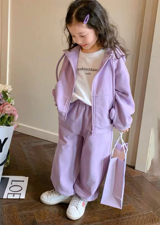 Casual Purple Hooded Top And Pants Cotton Baby Girls Two Pieces Set Fall