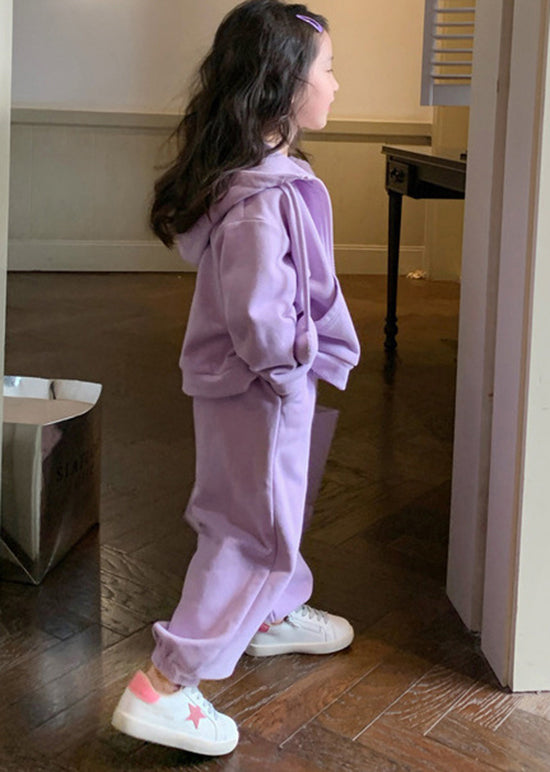 Casual Purple Hooded Top And Pants Cotton Baby Girls Two Pieces Set Fall