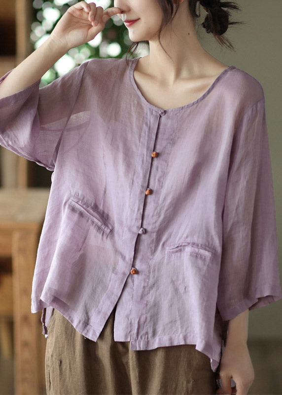 Casual Purple O-Neck Button Linen Shirt Long Sleeve