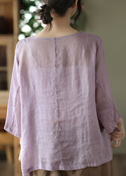 Casual Purple O-Neck Button Linen Shirt Long Sleeve