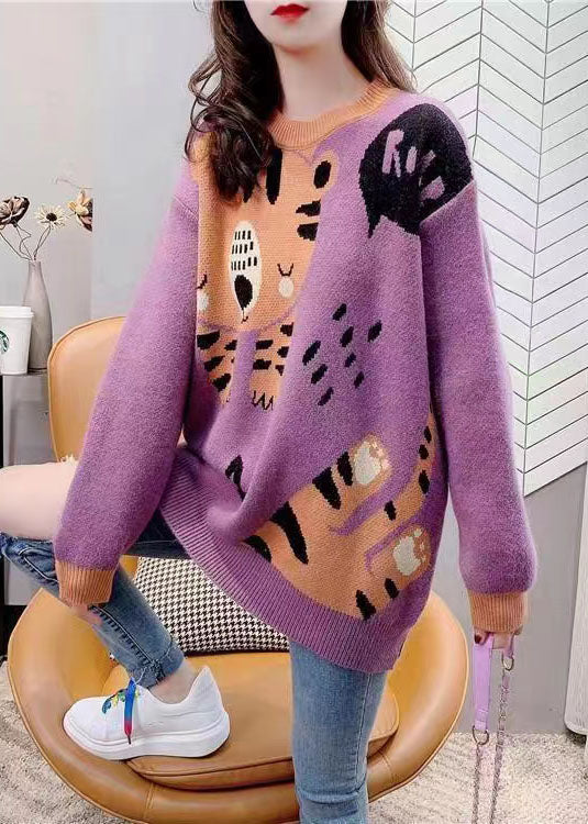 Casual Purple O-Neck Cartoon Print Thick Knit Sweater Tops Winter