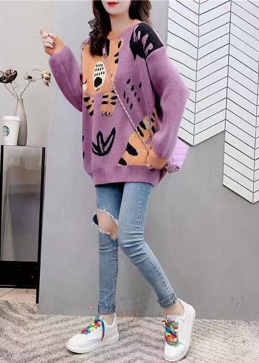 Casual Purple O-Neck Cartoon Print Thick Knit Sweater Tops Winter