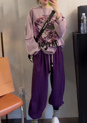 Casual Purple O-Neck Print Pullover And Beam Pants Two Piece Set Fall
