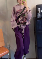 Casual Purple O-Neck Print Pullover And Beam Pants Two Piece Set Fall