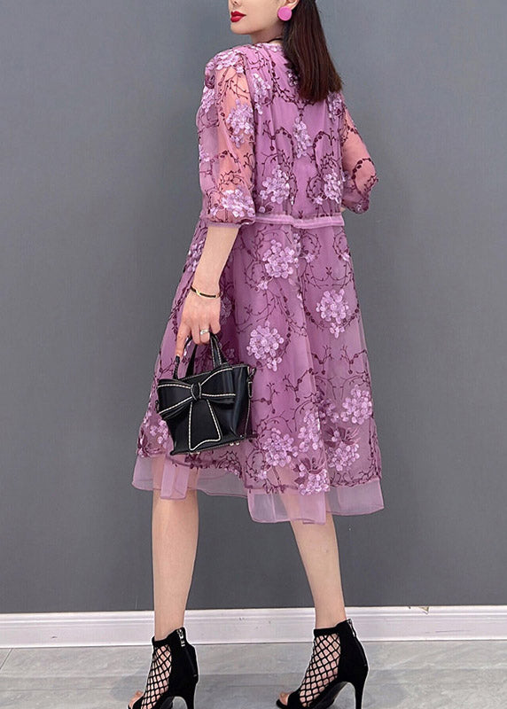 Casual Purple O-Neck Print Tie Waist Tulle Patchwork Chiffon Dresses Three Quarter sleeve