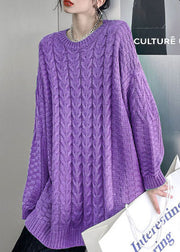 Lässige lila O-Neck-Strickpullover mit Zopfmuster Loose Fall Sweater