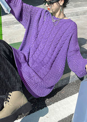 Casual Purple O-Neck cable knit sweaters Loose Fall Sweater