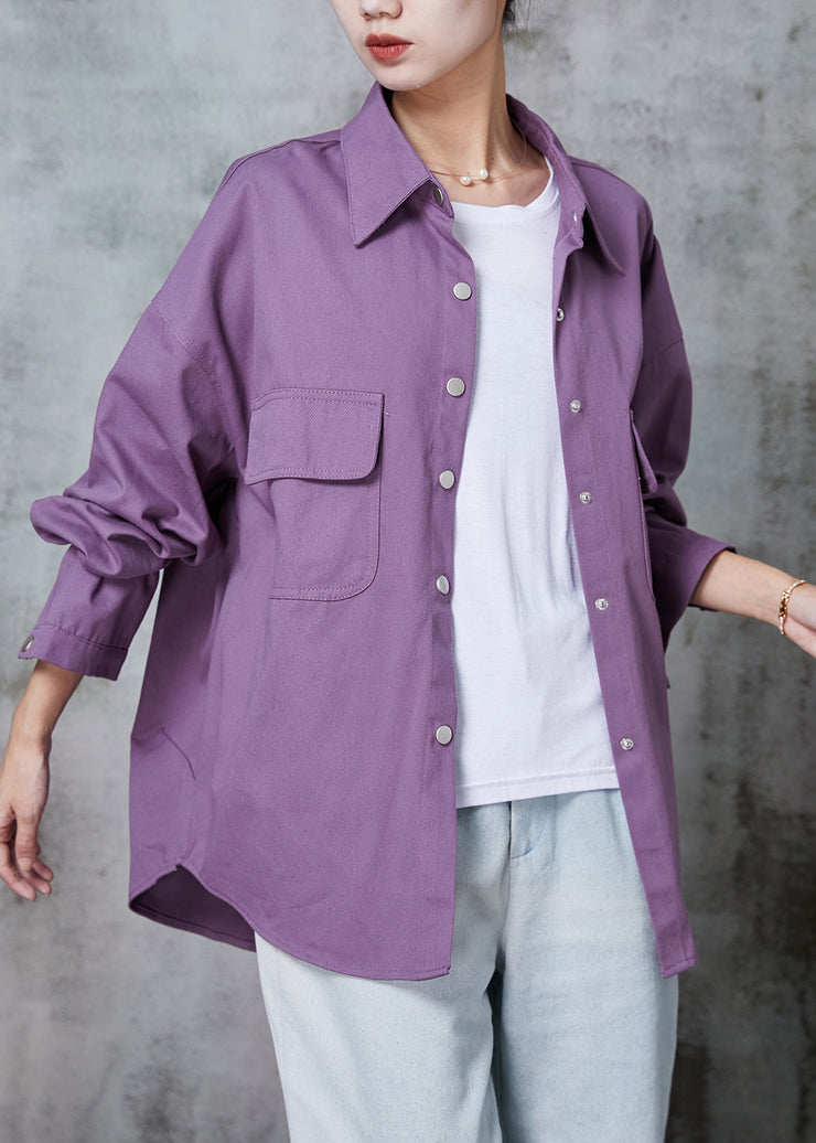 Casual Purple Oversized Pockets Cotton Blouses Spring