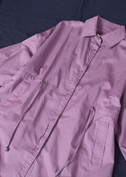 Casual Purple Peter Pan Collar Button Cotton Shirt Dresses Long Sleeve