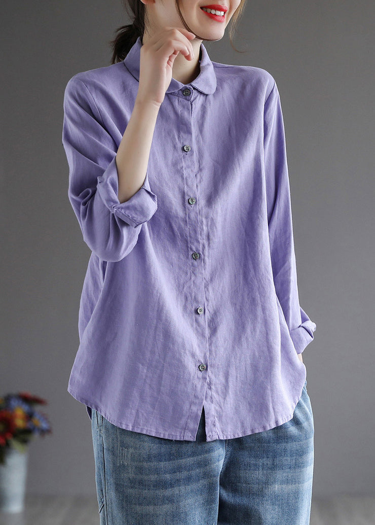 Casual Purple Peter Pan Collar Button Shirt Long Sleeve