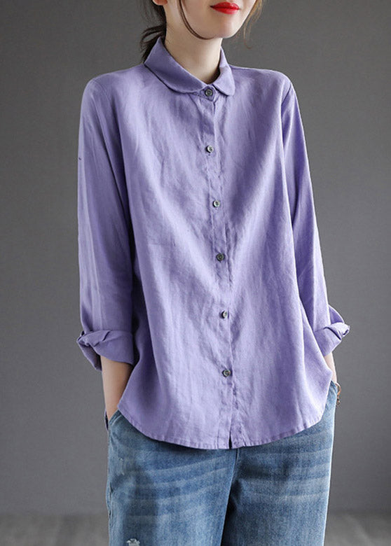 Casual Purple Peter Pan Collar Button Shirt Long Sleeve