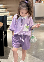 Casual Purple Peter Pan Collar Patchwork Cotton Baby Girls Sport Two Pieces Set Summer