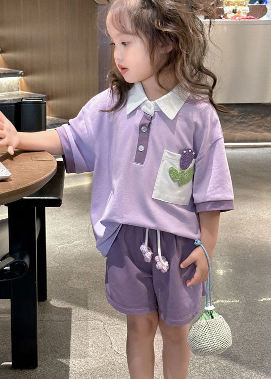 Casual Purple Peter Pan Collar Patchwork Cotton Baby Girls Sport Two Pieces Set Summer