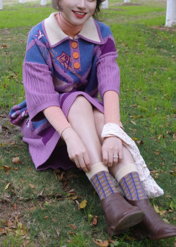 Casual Purple Peter Pan Collar Print Warm Cotton Knit Long Sweaters Dress Fall