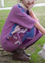 Casual Purple Peter Pan Collar Print Warm Cotton Knit Long Sweaters Dress Fall