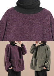 Casual Purple Pockets Patchwork Faux Fur Fleece Sweatshirt Long Sleeve