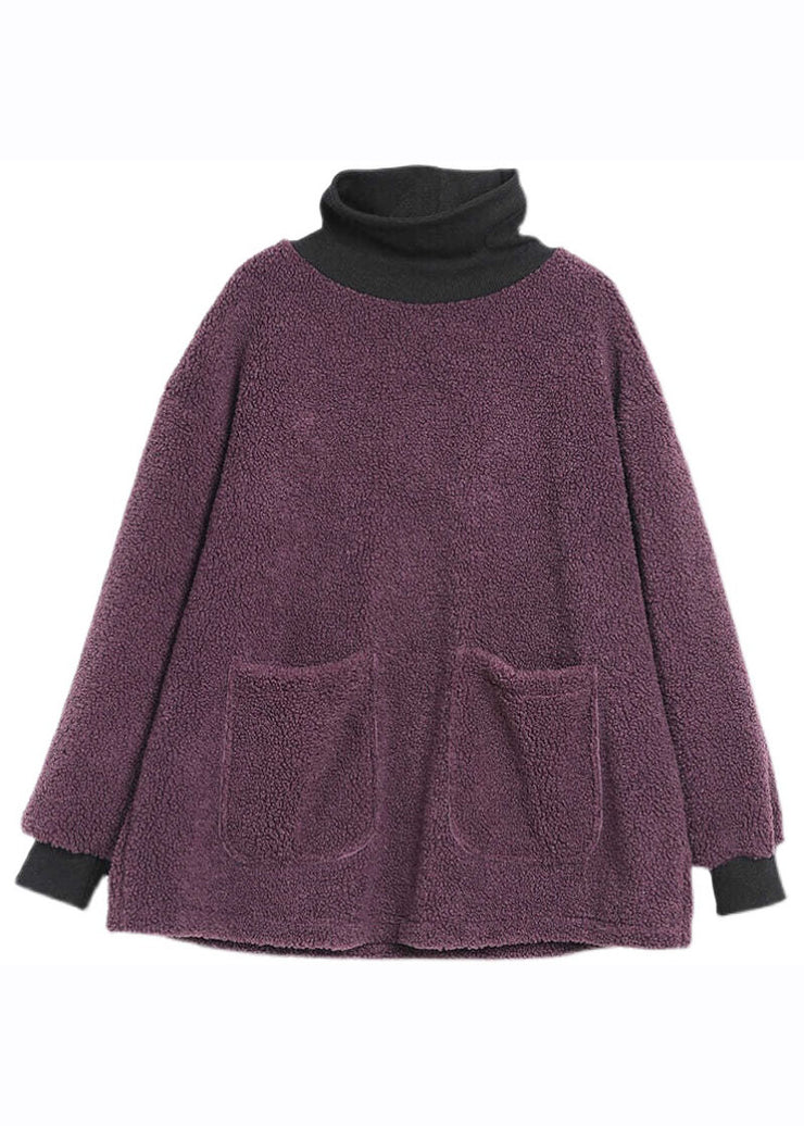 Casual Purple Pockets Patchwork Faux Fur Fleece Sweatshirt Long Sleeve