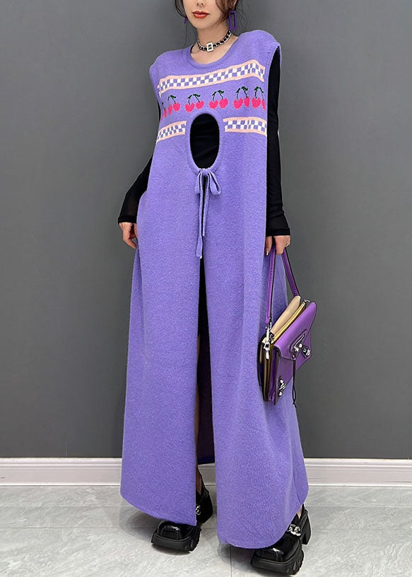 Casual Purple Print Side Open Cashmere Knit Long Dresses Sleeveless