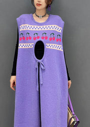 Casual Purple Print Side Open Cashmere Knit Long Dresses Sleeveless
