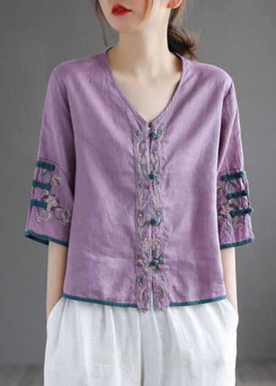 Casual Purple Retro O-Neck Oriental Summer Blouses Half Sleeve - SooLinen