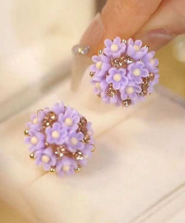 Casual Purple Silver Floral Resin Stud Earrings