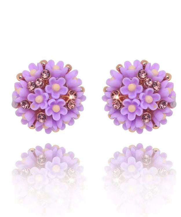 Casual Purple Silver Floral Resin Stud Earrings